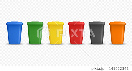 Recycling Bins Set, 3d Vector Illustration. Glass Organic Paper E-Waste Metal Plastic. Color Trash Bin Set. Realistic 3d Garbage Containers for Recycling and Sustainability, Isolated Recycling Bins Set, 3d Vector Illustration. Glass Organic Paper E-Waste Metal Plastic. Color Trash Bin Set. Realistic 3d Garbage Containers for Recycling and Sustainability, Isolated 141922341
