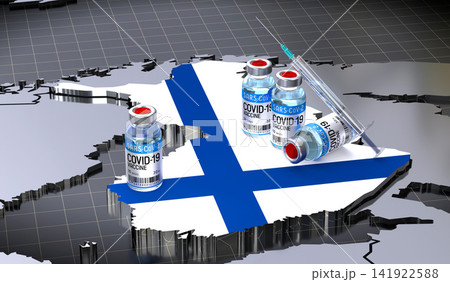 Covid 19, SARS CoV 2, coronavirus vaccination in Finland - country shape, vials and syringe - 3D illustration Covid 19, SARS CoV 2, coronavirus vaccination in Finland - country shape, vials and syringe - 3D illustration 141922588