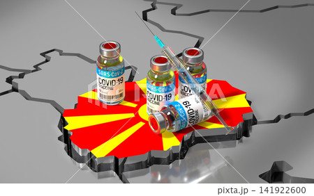 Covid 19, SARS CoV 2, coronavirus vaccination in Macedonia - country shape, vials and syringe - 3D illustration Covid 19, SARS CoV 2, coronavirus vaccination in Macedonia - country shape, vials and syringe - 3D illustration 141922600