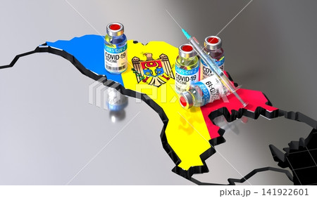 Covid 19, SARS CoV 2, coronavirus vaccination in Moldova - country shape, vials and syringe - 3D illustration Covid 19, SARS CoV 2, coronavirus vaccination in Moldova - country shape, vials and syringe - 3D illustration 141922601