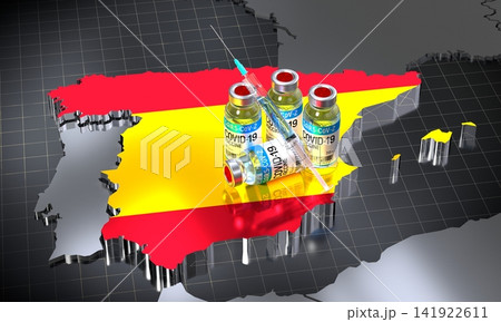 Covid 19, SARS CoV 2, coronavirus vaccination in Spain - country shape ampoules syringe - 3D illustration Covid 19, SARS CoV 2, coronavirus vaccination in Spain - country shape ampoules syringe - 3D illustration 141922611