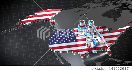 Covid 19, SARS CoV 2, coronavirus vaccination in the USA - country shape, ampoules and syringe - 3D illustration 141922617