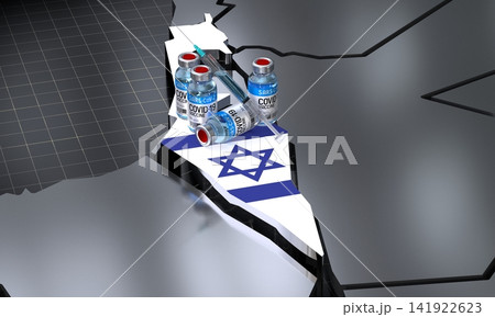 Covid 19, SARS CoV 2, coronavirus vaccination in Israel - country shape, ampoules, syringe - 3D illustration Covid 19, SARS CoV 2, coronavirus vaccination in Israel - country shape, ampoules, syringe - 3D illustration 141922623