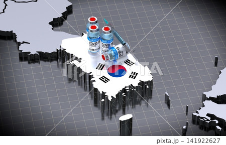 Covid 19, SARS CoV 2, coronavirus vaccination in South Korea - country shape, ampoules, syringe - 3D illustration 141922627