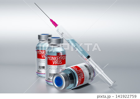 Monkeypox vaccine ampoules and syringe - 3D illustration Monkeypox vaccine ampoules and syringe - 3D illustration 141922759