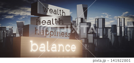 Balance concept - block shapes and skyscrapers - 3D illustration Balance concept - block shapes and skyscrapers - 3D illustration 141922801