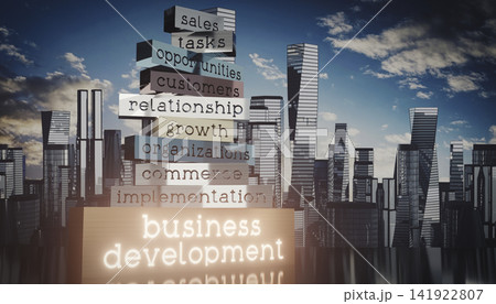 Business development concept - block shapes and skyscrapers - 3D illustration Business development concept - block shapes and skyscrapers - 3D illustration 141922807