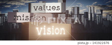Values, mission, vision - block shapes and skyscrapers - 3D illustration Values, mission, vision - block shapes and skyscrapers - 3D illustration 141922876