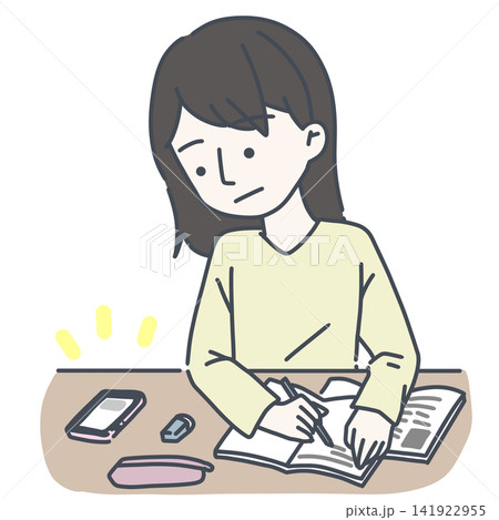 勉強中にスマホの通知が気になって集中が切れる若い女性 141922955