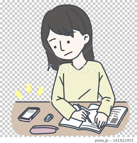 勉強中にスマホの通知が気になって集中が切れる若い女性 141922955