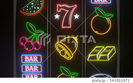 Neon Casino Slots Machine with Random Items - 3d illustration Neon Casino Slots Machine with Random Items - 3d illustration 141922971