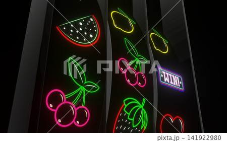 Neon Casino Slots Machine with Random Items - 3d illustration Neon Casino Slots Machine with Random Items - 3d illustration 141922980