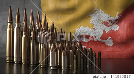 Bhutan - various projectiles and national flag - 3D illustration Bhutan - various projectiles and national flag - 3D illustration 141923817