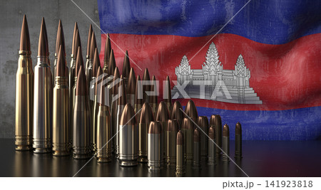 Cambodia - various projectiles and national flag - 3D illustration Cambodia - various projectiles and national flag - 3D illustration 141923818