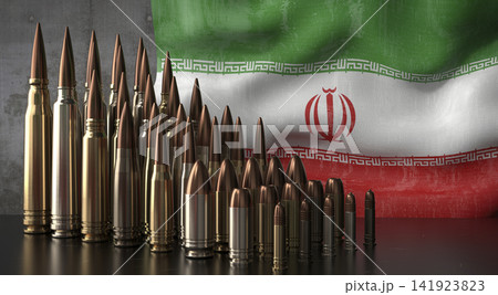 Iran - various projectiles and national flag - 3D illustration Iran - various projectiles and national flag - 3D illustration 141923823