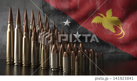 Papua New Guinea - various projectiles and national flag - 3D illustration Papua New Guinea - various projectiles and national flag - 3D illustration 141923841