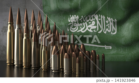 Saudi Arabia - various projectiles and national flag - 3D illustration Saudi Arabia - various projectiles and national flag - 3D illustration 141923846