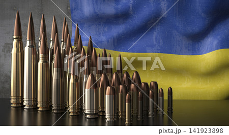 Ukraine - various projectiles and national flag - 3D illustration Ukraine - various projectiles and national flag - 3D illustration 141923898