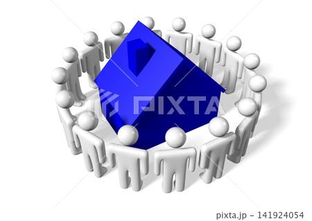 Cartoon characters and house shape - ownership concept - 3D illustration Cartoon characters and house shape - ownership concept - 3D illustration 141924054