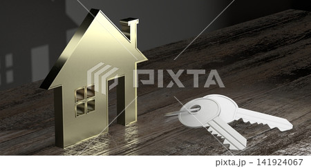 House shape and key - property, ownership concept - 3D rendering House shape and key - property, ownership concept - 3D rendering 141924067