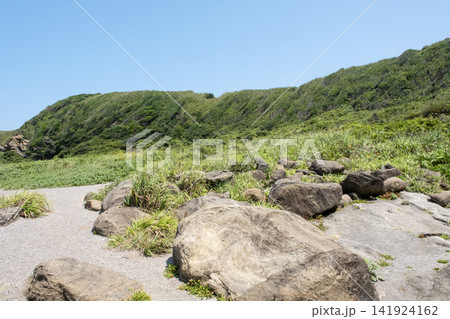 青い空と緑の草原が続く城ヶ島海岸の岬の風景 141924162