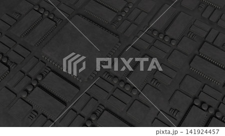 Dark Futuristic Computer Circuit Board with Microprocessor Chips 3d render. 141924457