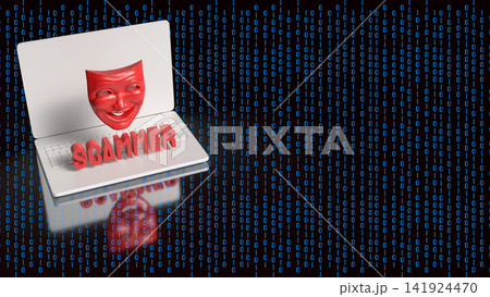 Cyber Scammer Mask Emerging From Laptop Screen 3d render. 141924470