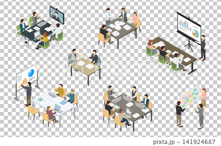 Isometric illustrations: Set of business people having a meeting Isometric illustrations: Set of business people having a meeting 141924687