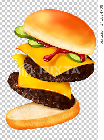 A double cheeseburger with a dynamic feel, just before the fillings spill out. A double cheeseburger with a dynamic feel, just before the fillings spill out. 141924708