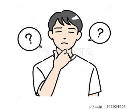 目を閉じて悩んでいる普段着姿の若い男性のイラスト素材 141924903