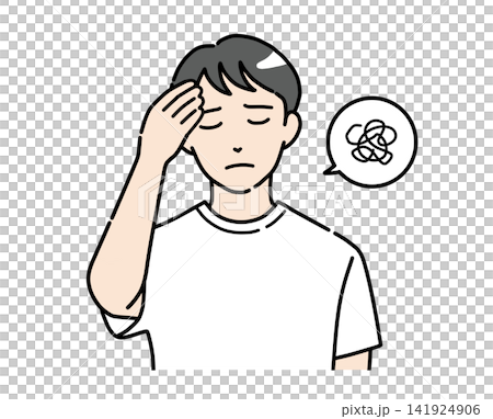 一幅插圖,描繪了一位身著便服的年輕男子雙手抱頭,一臉擔憂。 一幅插圖,描繪了一位身著便服的年輕男子雙手抱頭,一臉擔憂。 141924906