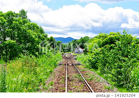 夏の風景、線路の上に立って、遠くを見つめる空 夏の風景、線路の上に立って、遠くを見つめる空 141925204