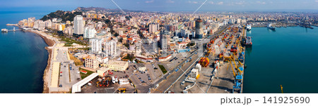 Panoramic aerial view of Durres city on Albanian Adriatic coast overlooking seaport Panoramic aerial view of Durres city on Albanian Adriatic coast overlooking seaport 141925690