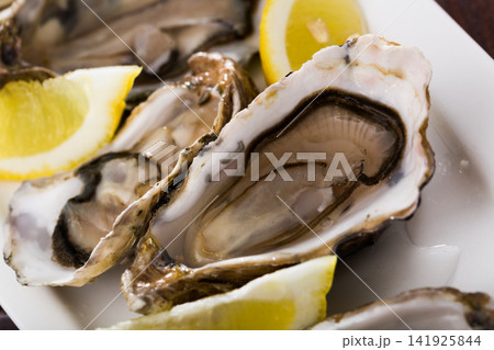 Opened raw oysters with lemon 141925844