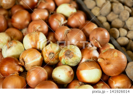 Close-up view of onions placed in box in market Close-up view of onions placed in box in market 141926014