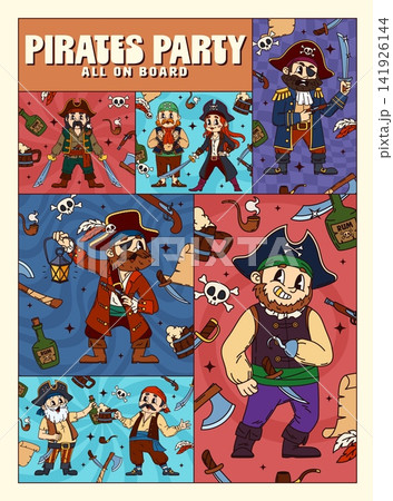 Cartoon pirate and corsair characters on Y2K groovy paper stickers or posters. Caribbean pirate party stickers with funny captain with hook hand, sailors with rum bottles and funky skipper with swords Cartoon pirate and corsair characters on Y2K groovy paper stickers or posters. Caribbean pirate party stickers with funny captain with hook hand, sailors with rum bottles and funky skipper with swords 141926144