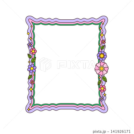 Cartoon pastel groovy retro psychedelic wavy border frame with floral motif, wavy scalloped border, summer flowers, leaves, stars and dots. Squiggle girly playful decorative background for photos Cartoon pastel groovy retro psychedelic wavy border frame with floral motif, wavy scalloped border, summer flowers, leaves, stars and dots. Squiggle girly playful decorative background for photos 141926171