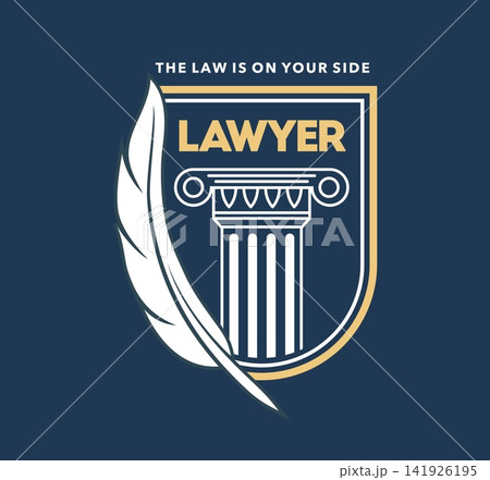 Justice law, attorney and lawyer isolated icon, legal firm symbol with quill and pillar column within a shield. Law office authority and trust vintage emblem or badge for attorney firm, legal practice 141926195