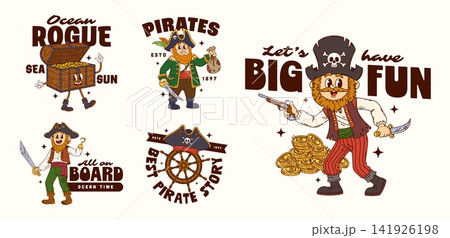 Cartoon groovy y2k pirate and corsair stickers. Set of vintage badges featuring cheerful buccaneers, treasure chest mascot, ship wheel emblem, gold coins, sword, pistol, and playful piracy typography Cartoon groovy y2k pirate and corsair stickers. Set of vintage badges featuring cheerful buccaneers, treasure chest mascot, ship wheel emblem, gold coins, sword, pistol, and playful piracy typography 141926198