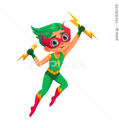 Kid superhero character, cartoon brave young super hero boy with green hair wearing red mask and lightning emblem flying while holding two lightning bolts, conveying energy, confidence and adventure 141926258