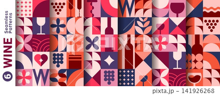 Wine, winemaking and winery geometric seamless patterns. Modern abstract seamless pattern set featuring bottles, glasses, grape clusters and floral motifs in purple and peach tones for textile prints Wine, winemaking and winery geometric seamless patterns. Modern abstract seamless pattern set featuring bottles, glasses, grape clusters and floral motifs in purple and peach tones for textile prints 141926268