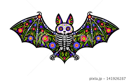Mexican bat animal skeleton, day of the dead tattoo sugar skull. Cartoon flittermouse skeleton with outspread wings and alebrije traditional floral patterns, symbol of night, remembrance and Halloween Mexican bat animal skeleton, day of the dead tattoo sugar skull. Cartoon flittermouse skeleton with outspread wings and alebrije traditional floral patterns, symbol of night, remembrance and Halloween 141926287