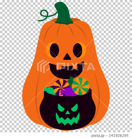 Cute Halloween Pumpkin Character with Candy Basket Autumn Illustration 141926295