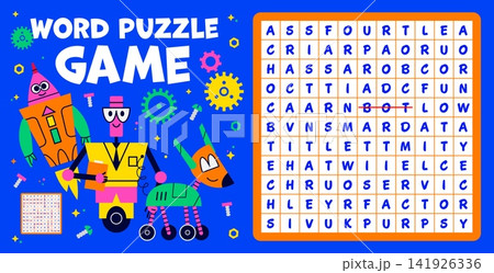 Kids word search puzzle quiz game with cartoon funny robot droids. Educational activity design feature robot characters, gear decorations and orange grid with highlighted word for school worksheets 141926336