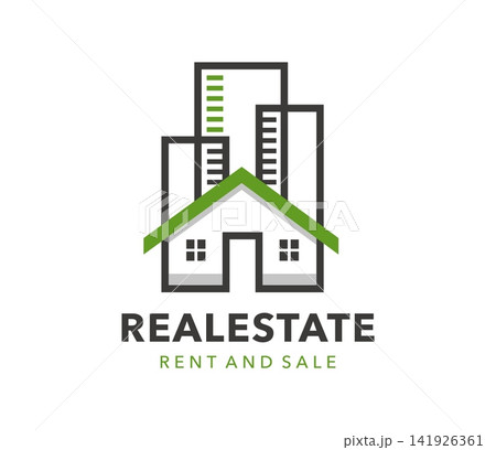 Apartment and real estate agency, residence building construction icon. Green and grey emblem showing multiple city and cottage house roofs representing urban property rent and sale agency services 141926361