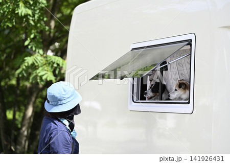 愛犬とキャンプを楽しむ女性 キャンピングカー ジャックラッセルテリア 愛犬とキャンプを楽しむ女性 キャンピングカー ジャックラッセルテリア 141926431