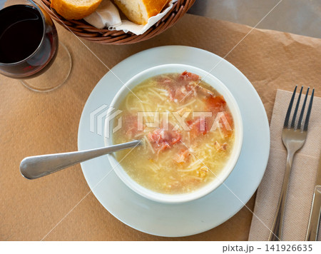 Noodle soup with minced meat served in bowl Noodle soup with minced meat served in bowl 141926635