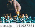 Businessman hand moving gold king chess piece to checkmate silver king on chessboard, business strategy, competition and leadership victory concept. 141927281