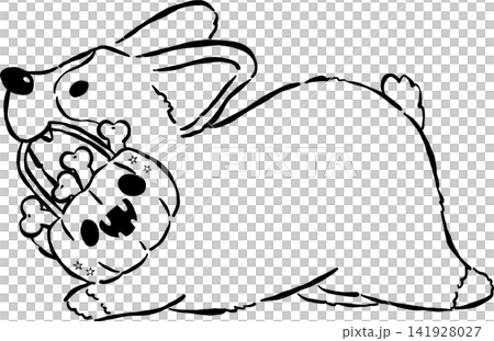 Cute Halloween Corgi Outline Carrying a Halloween Pumpkin Basket Hand Drawn Whimsical Illustration 141928027