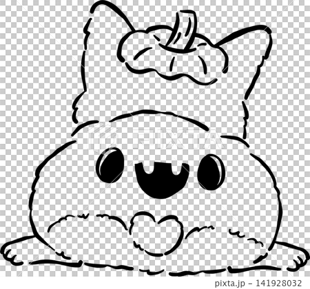 Cute Halloween Corgi Outline Sploot with Pumpkin Hat Hand Drawn Whimsical Illustration 141928032